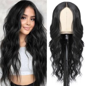 ShowCoco Black Wig for Women 26 Inch Pre Cut Hand-Tied Lace Long Wavy Natural Hairline Middle Part Hair Replacement Wigs for Women Beginners Natural Synthetic Wig for Daily Party 3 Seconds to Wear