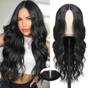 Ubeleco Black Wigs for Women Long Wavy Middle Part Lace Hair Hairline Replacement Wigs 26 Inch Synthetic Hair Heat Resistant Wig for Daily Party