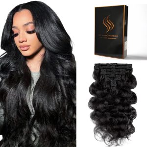 Clip in Hair Extensions Real Human Hair Body Wave 1B Natural Black Clip in 100% Brazilian Remy Human Hair Extensions 8pcs Per Set with 18 Clips Double Weft 16 Inch 90g/3.6oz