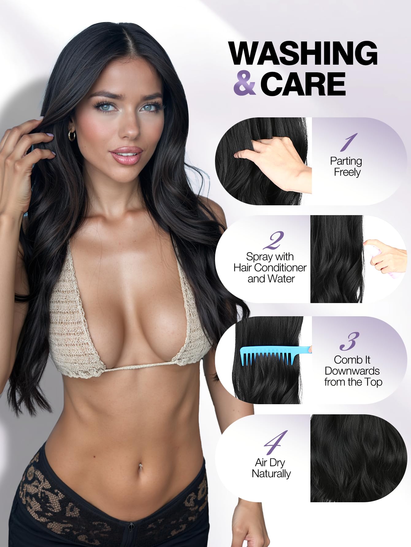 WIGER Long Wavy Layered Wig for Women Black Middle Part Curly Wavy Wigs 24 Inch TALOS Natural Looking Synthetic Heat Resistant Fiber Wig for Daily Party Use - Image 3