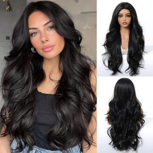 Black Wig for Women Long Layered Black Wavy Wigs 26 Inches Wavy Curly Synthetic Wig Middle Part Layered Body Wave Wig Natural Looking Hair Replacements Wigs for Girl Daily Party Use